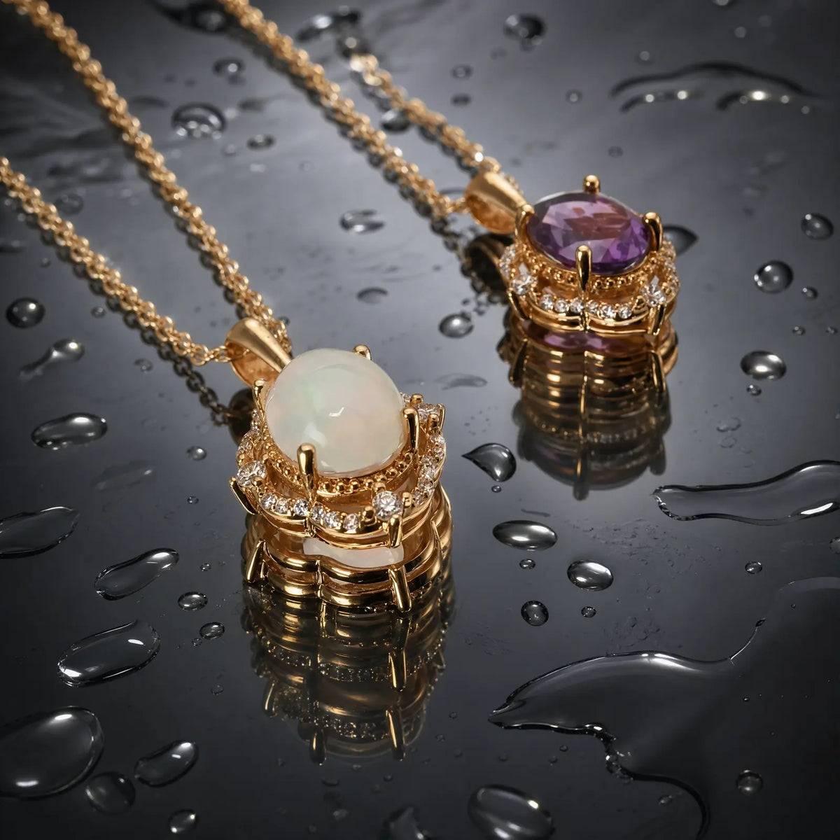 Vintage Oval Amethyst & Opal Halo Necklace