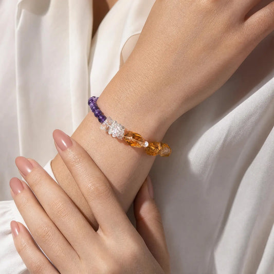 Close wrist view of the Solar Violet Mixed-Crystal Bracelet with golden freeform stones, clear quartz, and violet amethyst sections