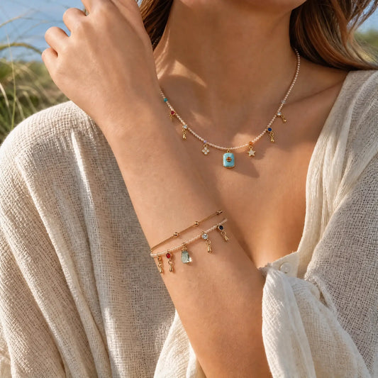 Amazonite fringe necklace worn with relaxed neutral styling