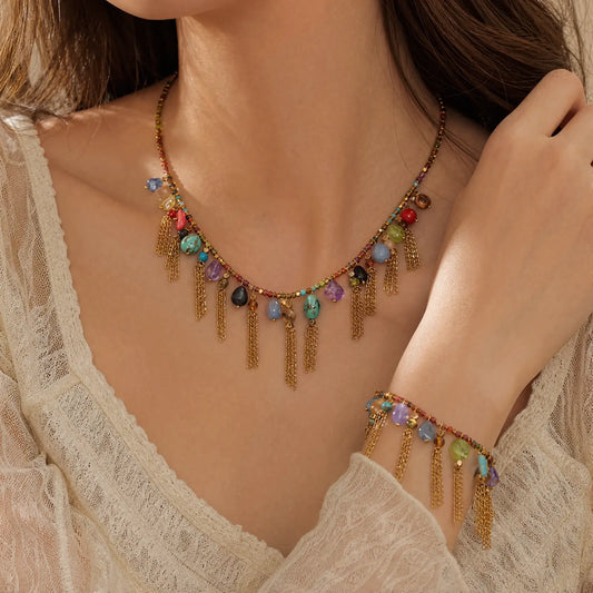 Garnet fringe necklace and bracelet styled together
