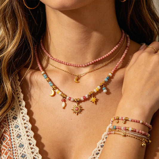 Rose Celestial necklace styled in a layered jewelry look