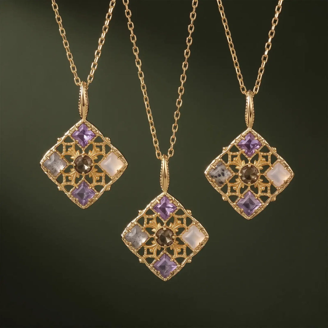 Gold-tone filigree pendant with purple, white, and smoky natural stone details on matching chains