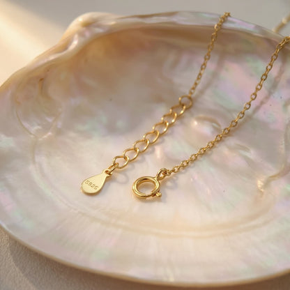 Spring-ring clasp and extension chain detail of a gold-tone necklace on an iridescent shell