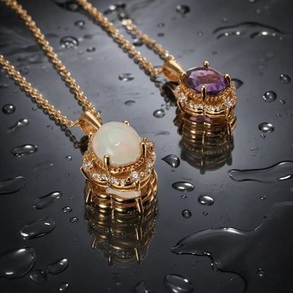 Vintage Oval Amethyst & Opal Halo Necklace
