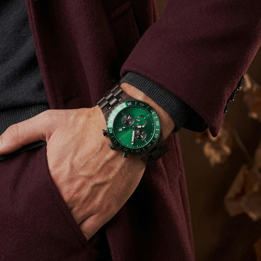 Man wearing TITAN - Emerald Steel personalized watch as an everyday gift for him