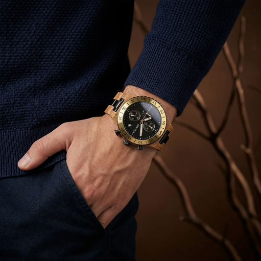 Personalized watch worn by a man in a modern lifestyle setting