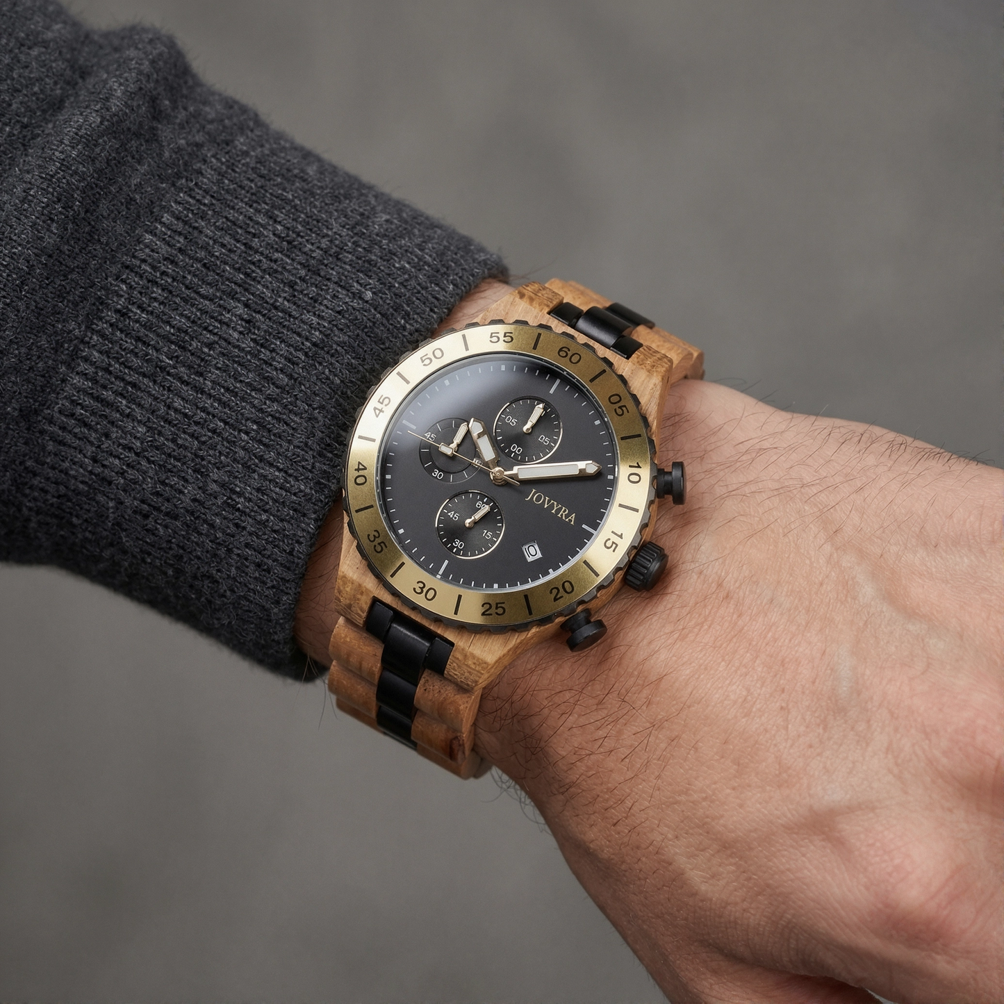 Personalized watch worn by a man in a modern lifestyle setting