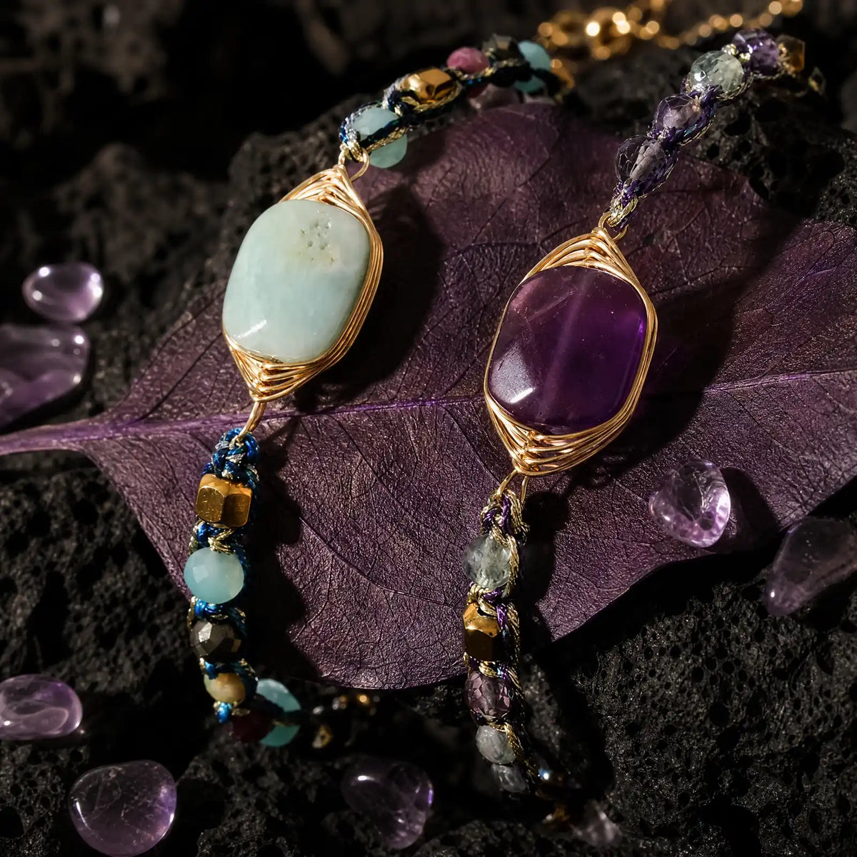 Fluorite and amazonite braided bracelets displayed together