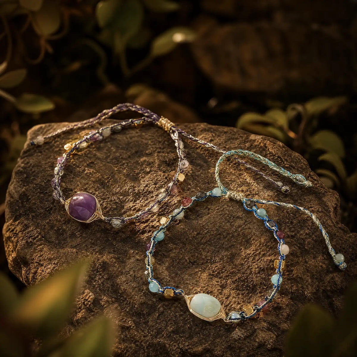 Blue amazonite wire-wrapped braided bracelet on natural wood