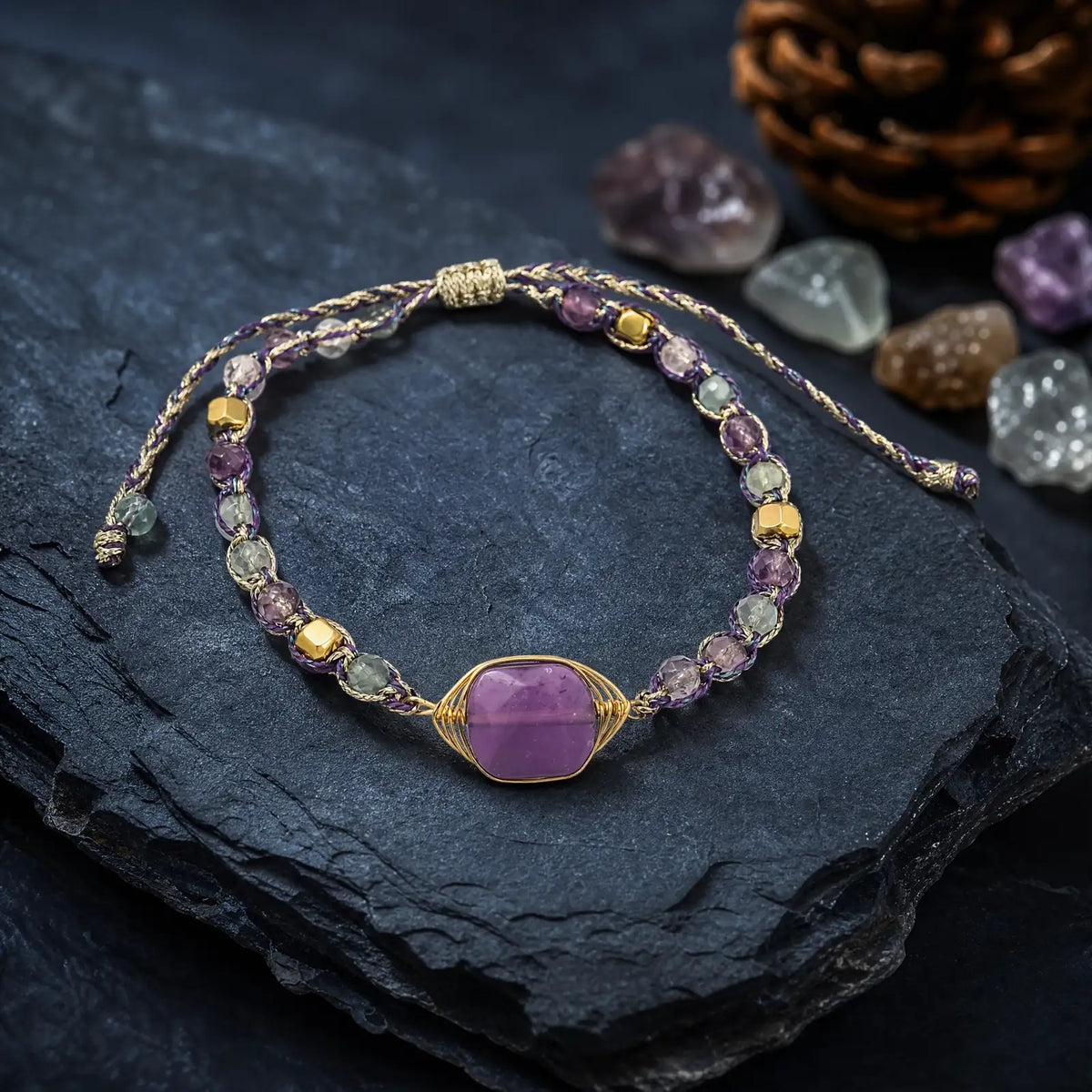 Violet fluorite braided bracelet arranged on a dark mineral surface