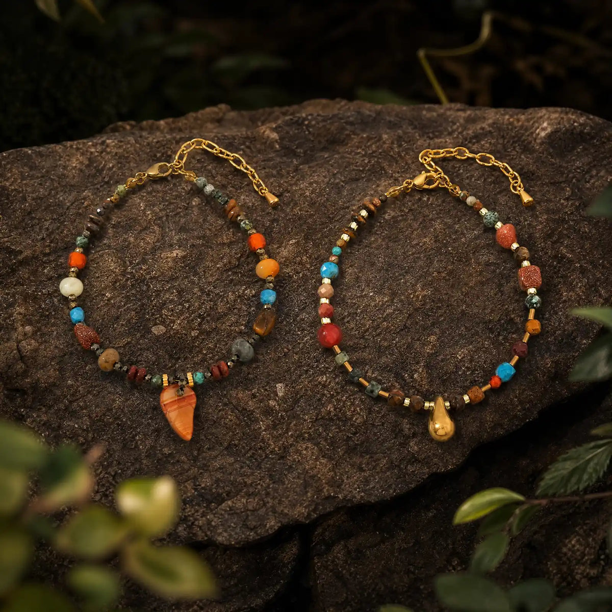 Amber leaf and tiger eye drop mixed stone bracelets displayed together