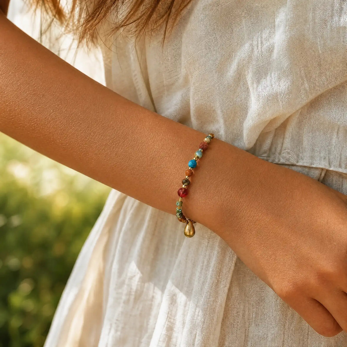 Tiger eye drop bracelet styled with a light linen outfit