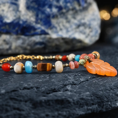 Amber leaf natural stone bracelet detail on dark rock
