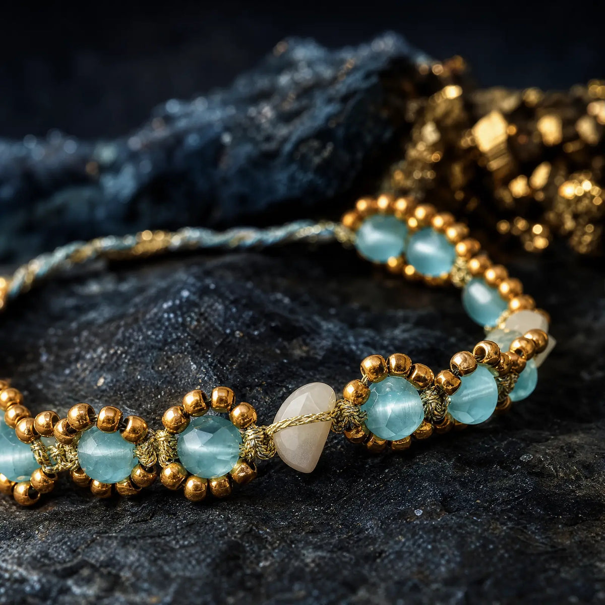 Natural cat's-eye beads and floral bracelet detail