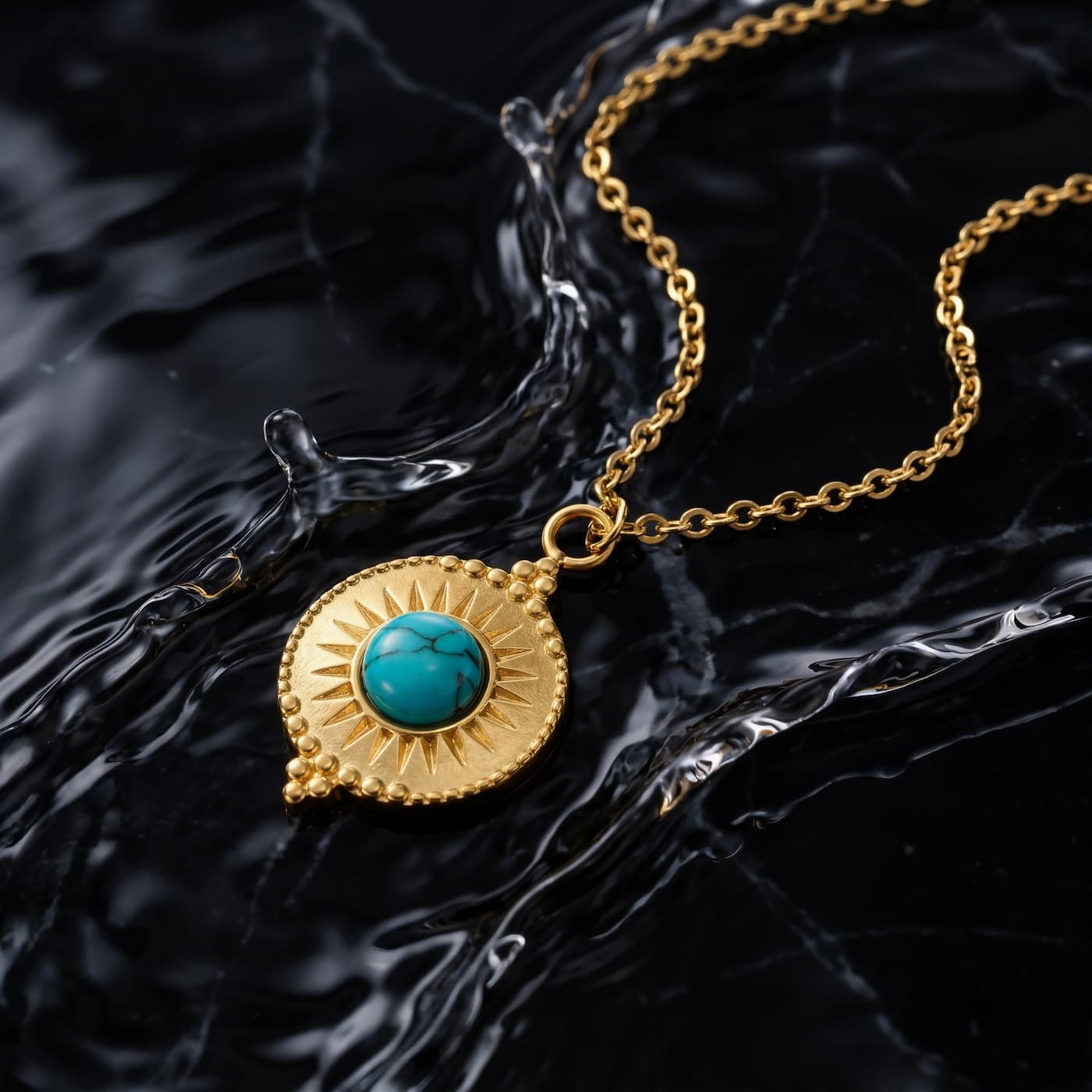 Oval natural turquoise pendant necklace arranged on a glossy black surface