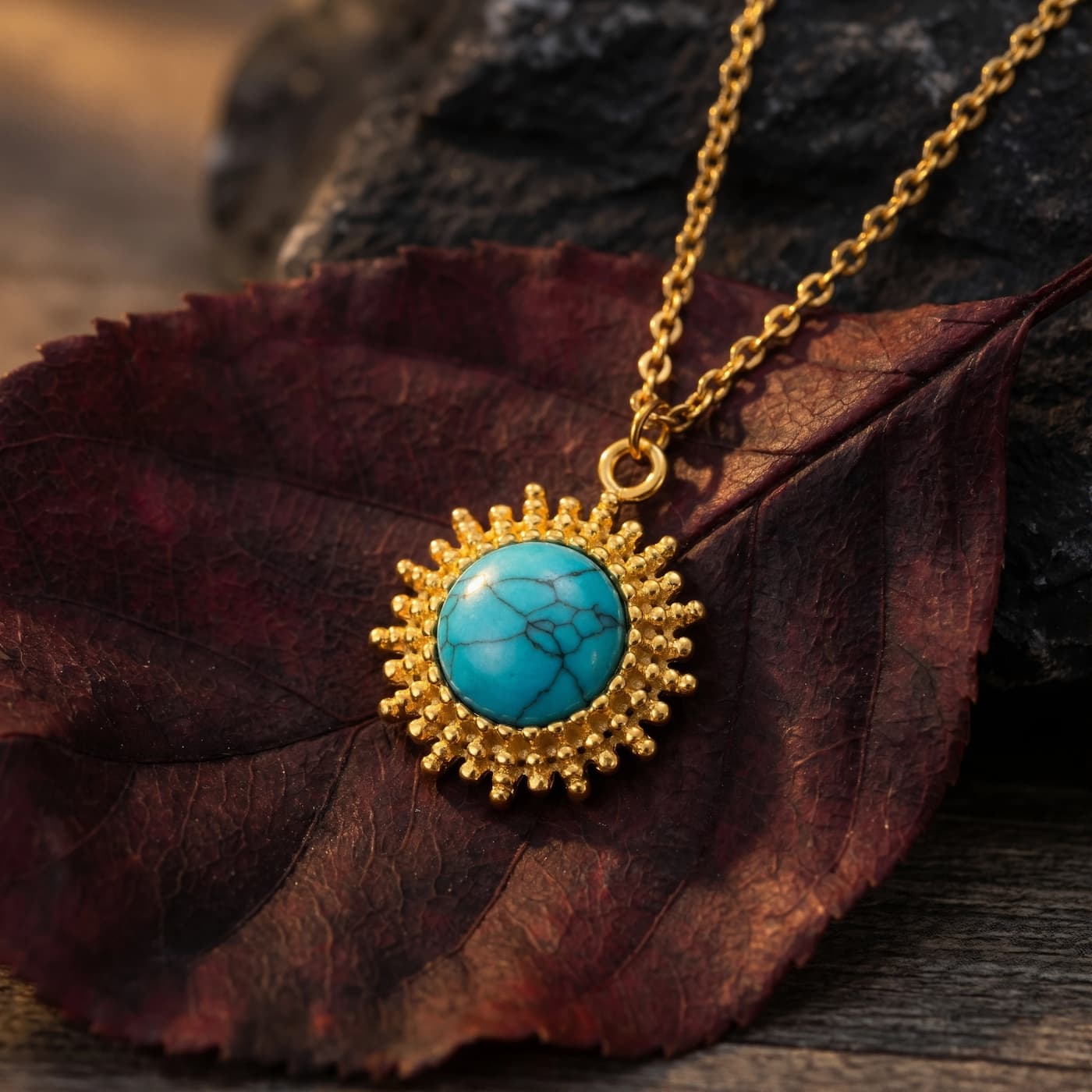 Round natural turquoise pendant necklace displayed on a dark red leaf