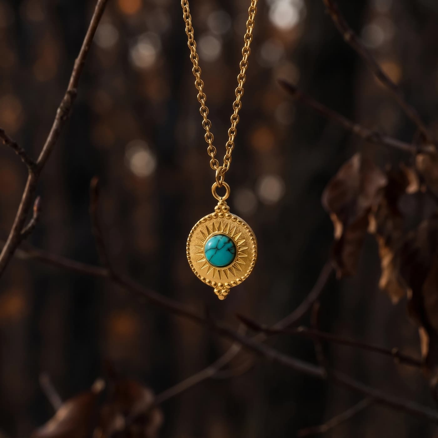 Small round natural turquoise pendant necklace with gold-tone textured frame