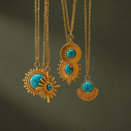 Three vintage natural turquoise pendant necklace styles hanging together