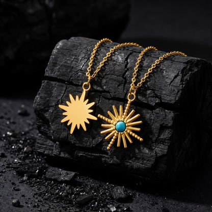 Two vintage natural turquoise pendant necklace styles displayed on black stone