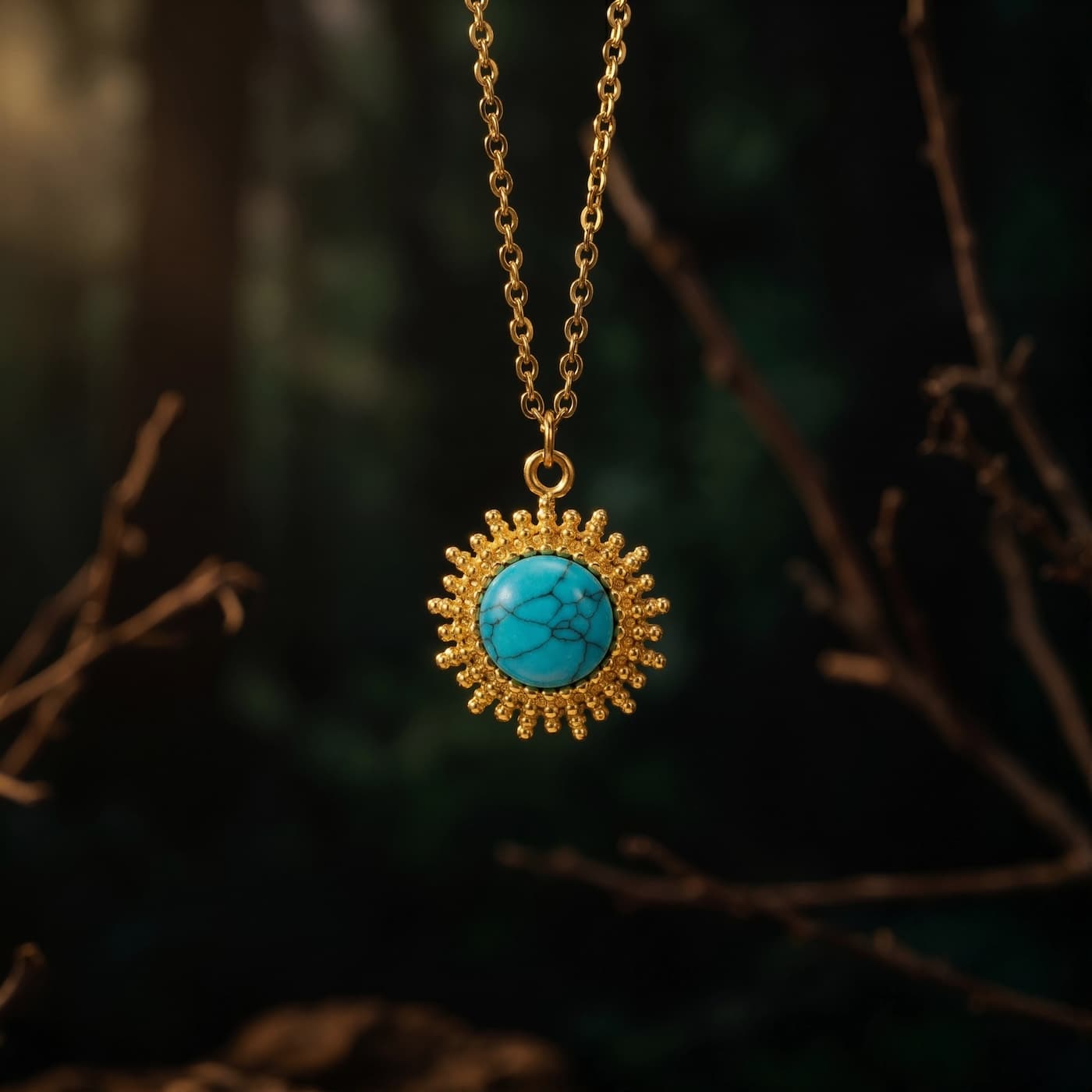 Vintage gold-tone natural turquoise pendant necklace hanging against a dark natural background