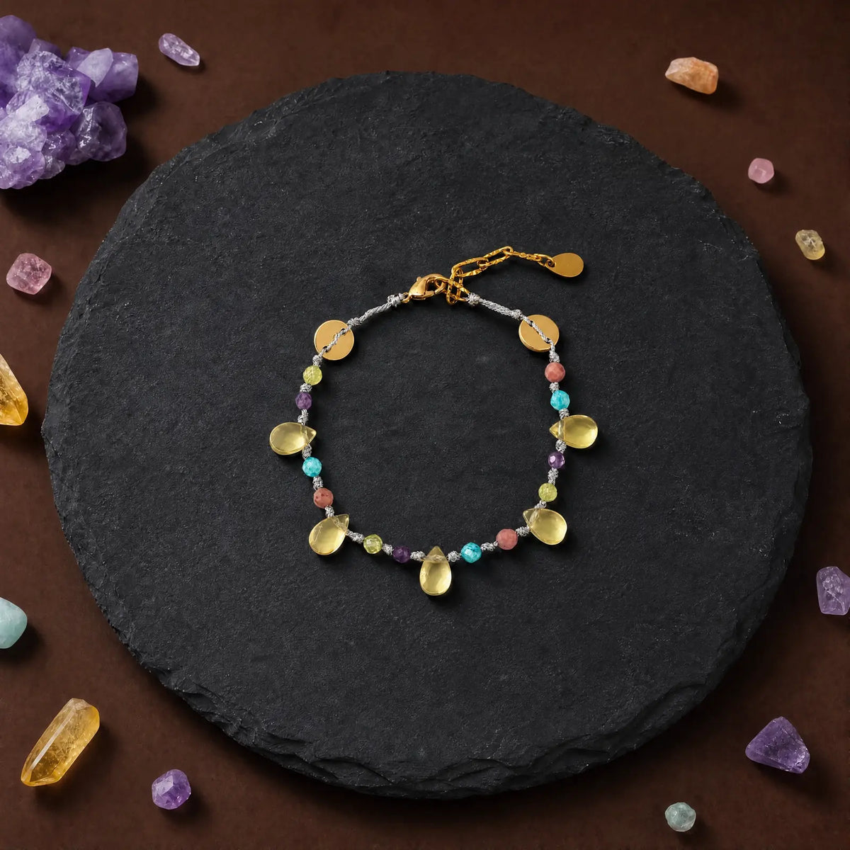 Natural stone bracelet with multicolor beads and gold-tone details