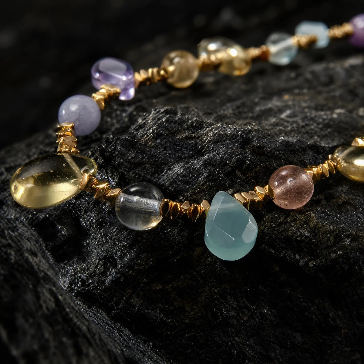 Multicolor natural stone beads with gold-tone wirework