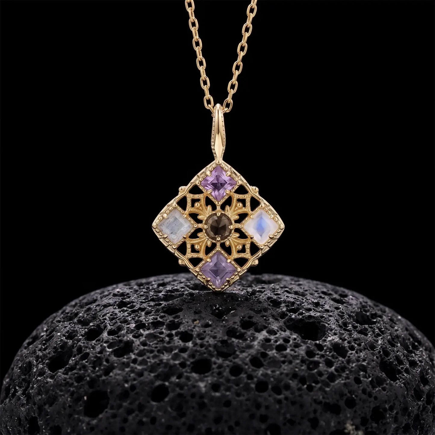 Filigree Window Mixed-Stone Pendant Necklace, product detail view 6.