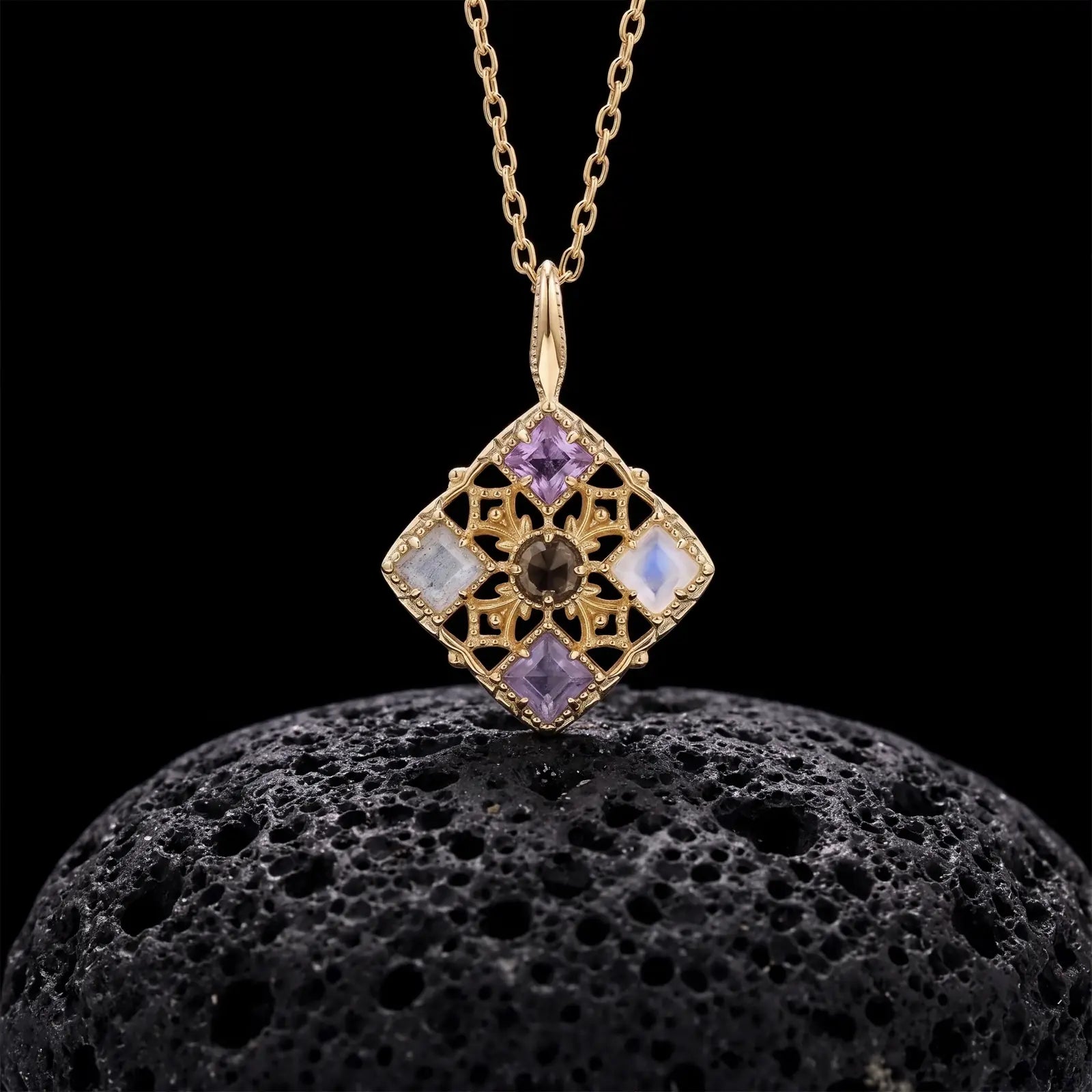 Filigree Window Mixed-Stone Pendant Necklace, product detail view 6.