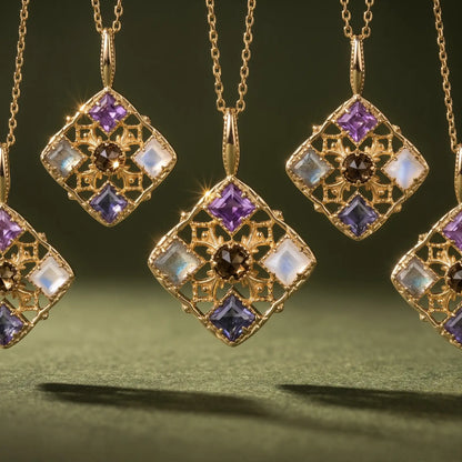 Filigree Window Mixed-Stone Pendant Necklace, product detail view 1.