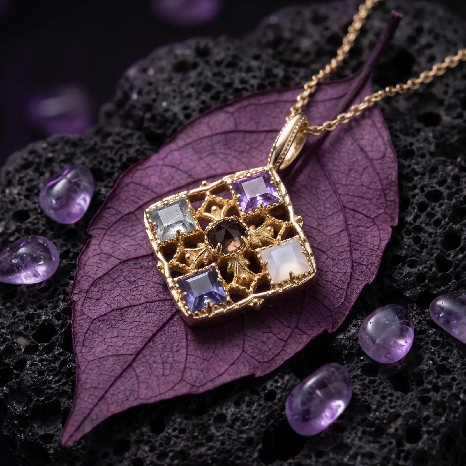 Filigree Window Mixed-Stone Pendant Necklace, product detail view 5.