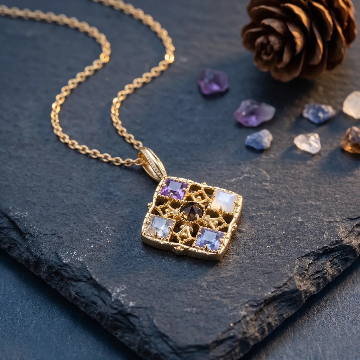 Filigree Window Mixed-Stone Pendant Necklace, product detail view 10.