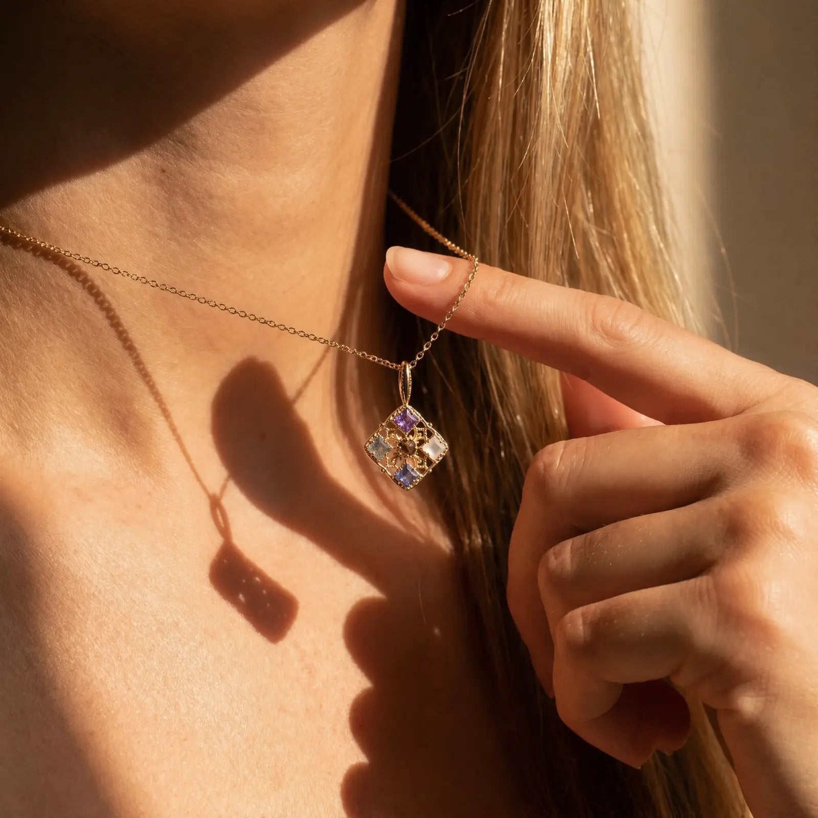 Filigree Window Mixed-Stone Pendant Necklace worn at the neckline, lifestyle view 5.