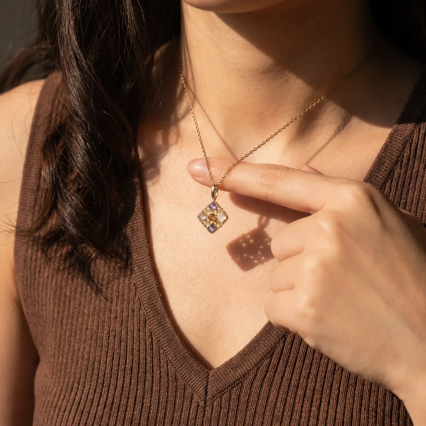 Filigree Window Mixed-Stone Pendant Necklace worn at the neckline, lifestyle view 6.