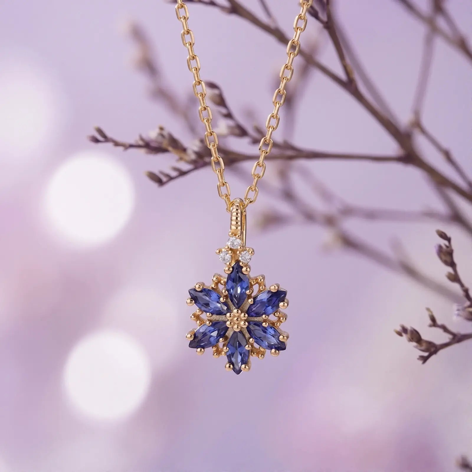 Blue Zircon Petal Cluster Necklace, product detail view 4.