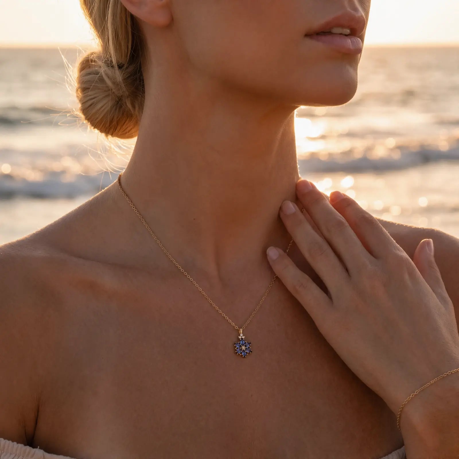 Blue Zircon Petal Cluster Necklace worn at the neckline, model view 4.