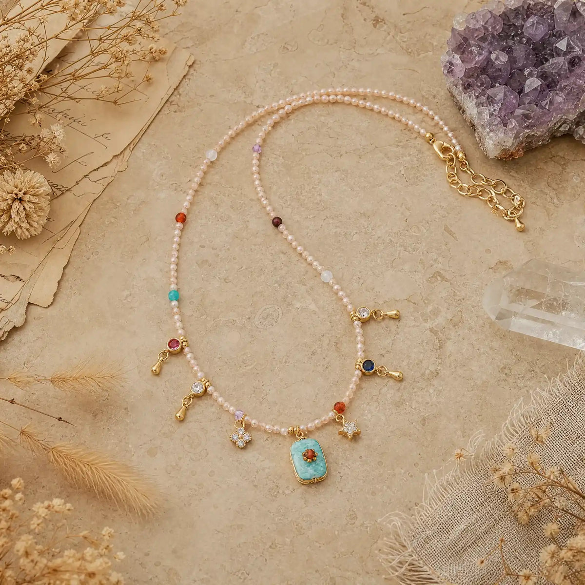 Amazonite pendant necklace with colorful bead fringe
