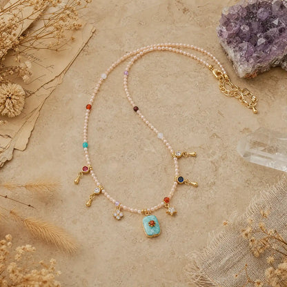 Amazonite pendant necklace with colorful bead fringe
