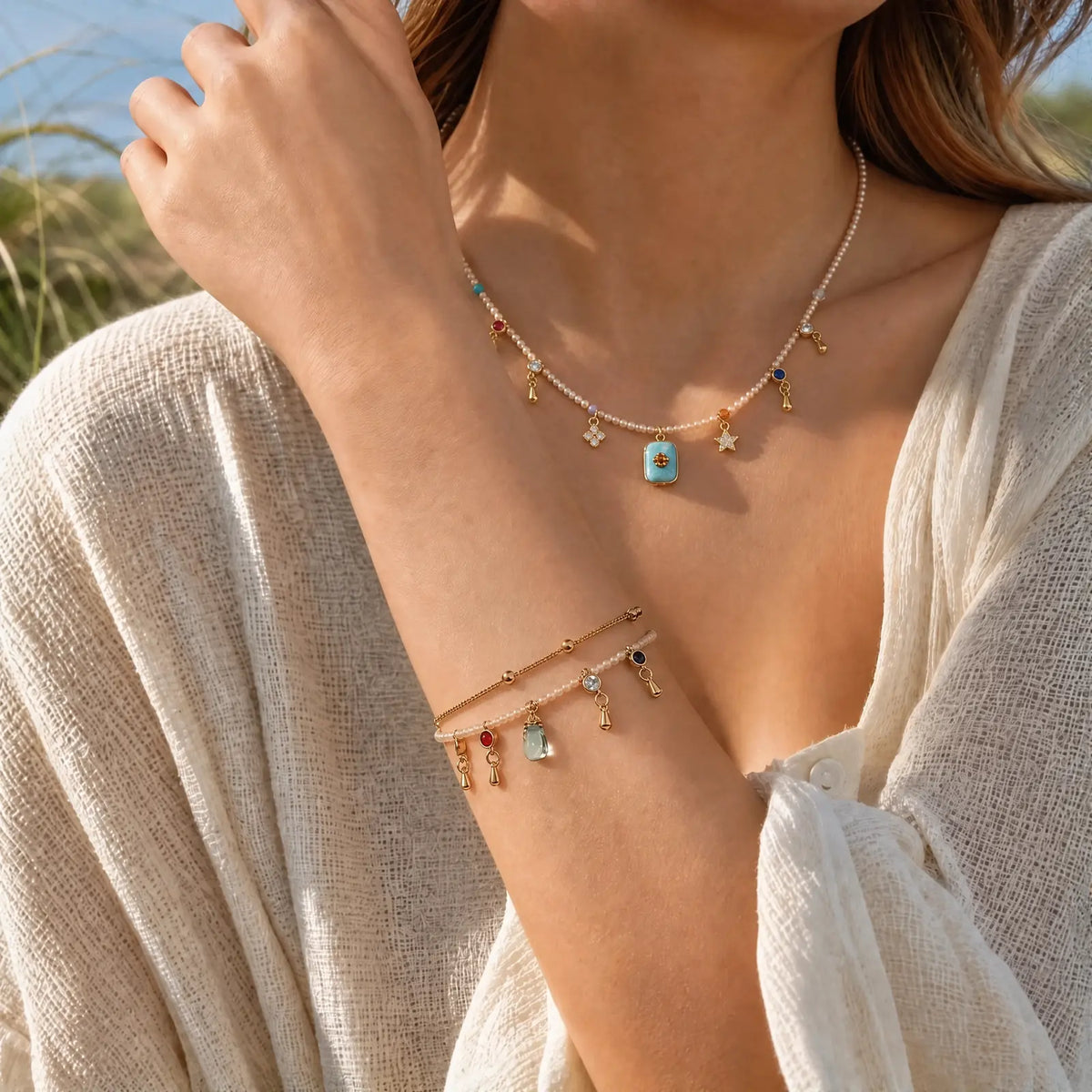 Amazonite fringe necklace worn with relaxed neutral styling