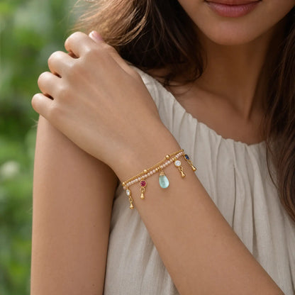 Natural stone bracelet worn in a sunlit setting