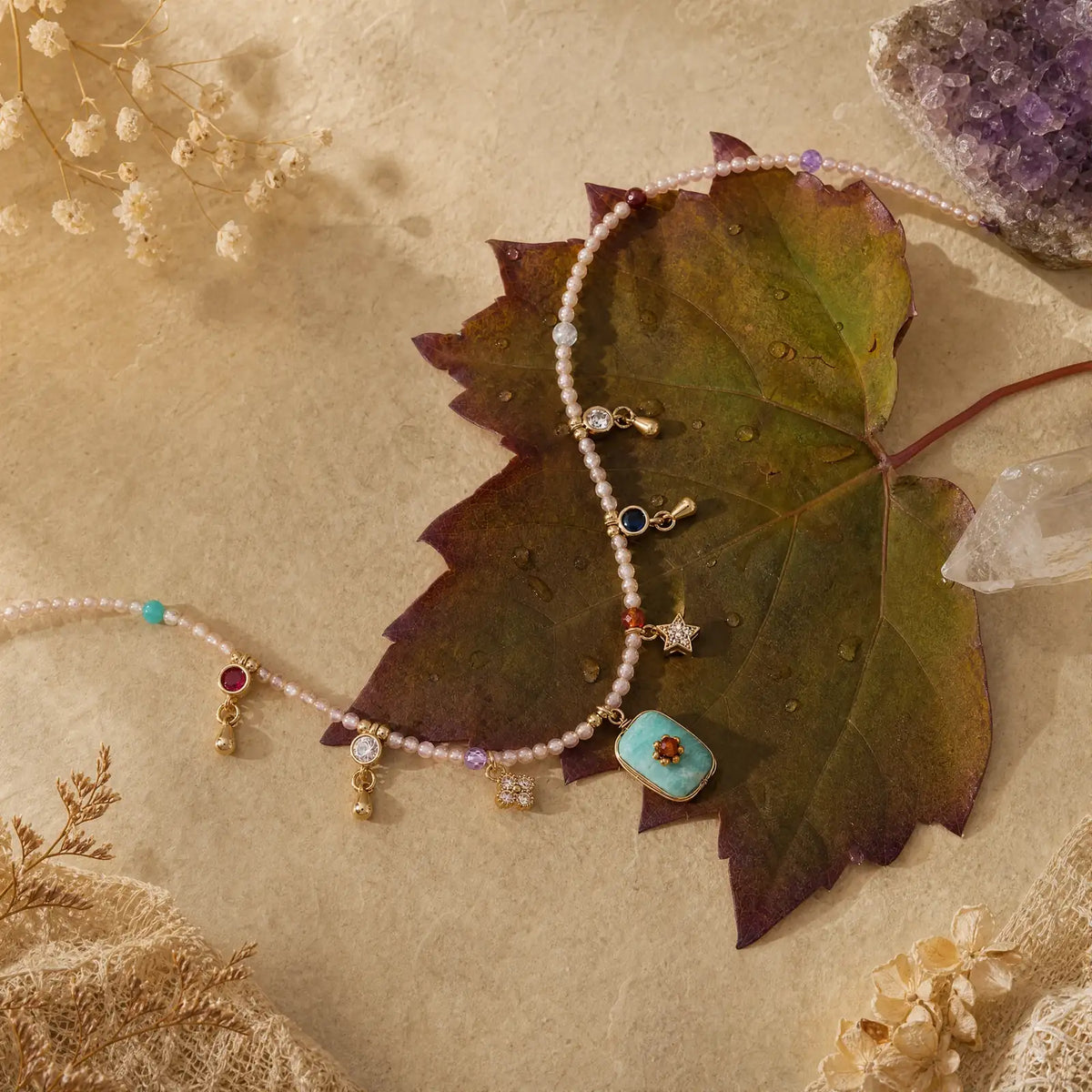 Amazonite fringe necklace arranged with a leaf and crystal accents