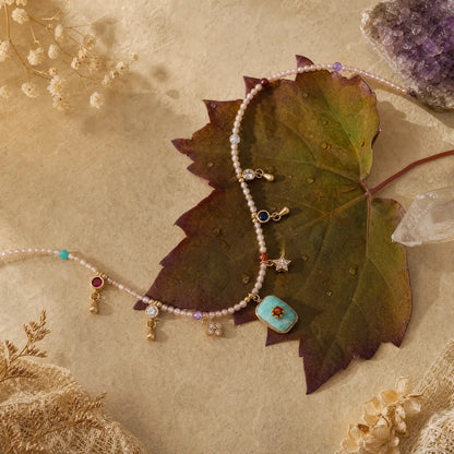 Amazonite fringe necklace arranged with a leaf and crystal accents