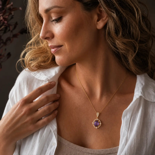 Woman wearing an amethyst oval halo pendant with a white shirt