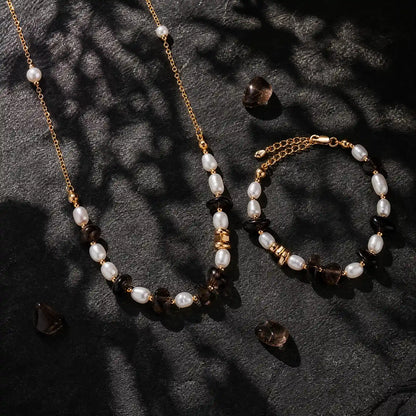 Matching smoky quartz and freshwater pearl necklace and bracelet set
