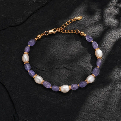 Blue-violet tanzanite and freshwater pearl beaded bracelet