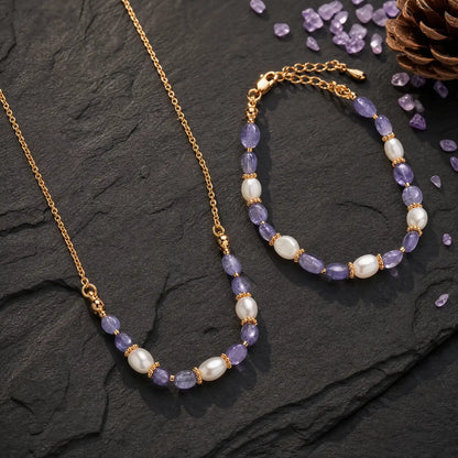 Matching tanzanite and freshwater pearl necklace and bracelet set