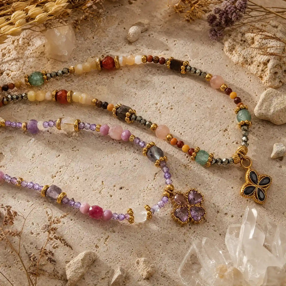 Natural stone clover necklaces with contrasting bead compositions