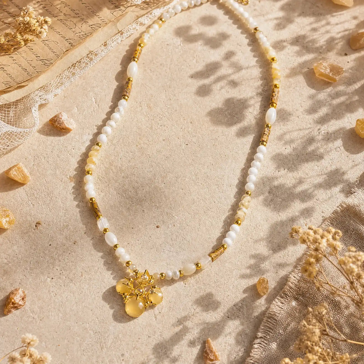 Picture jasper and shell beaded necklace with an opal cluster pendant