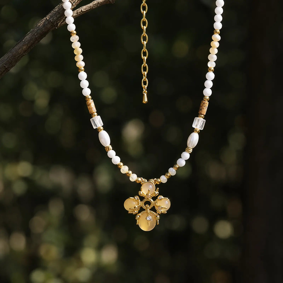 Opal bloom pendant necklace with picture jasper and pale shell beads