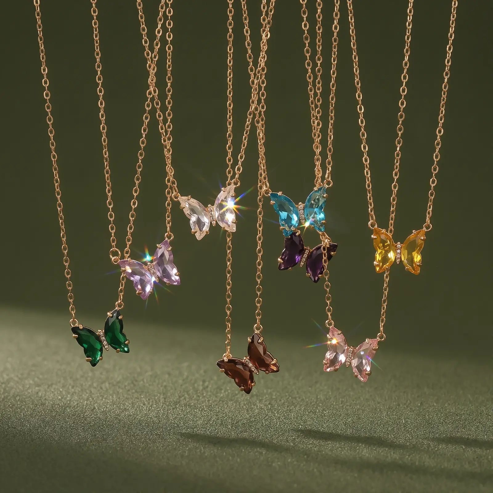 Iridescent Glass Butterfly Necklace worn at the neckline, lifestyle view 7.