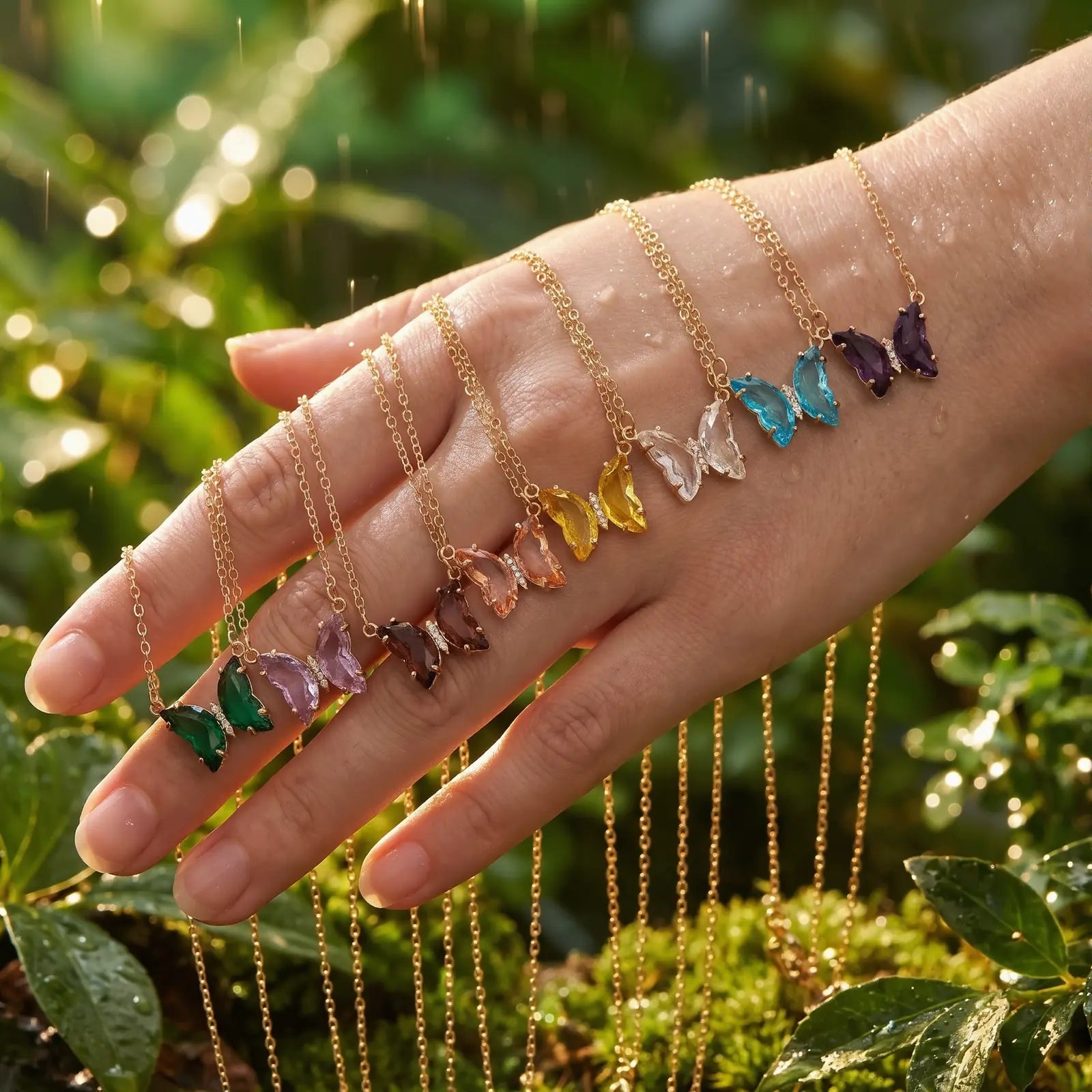 Iridescent Glass Butterfly Necklace worn at the neckline, lifestyle view 12.